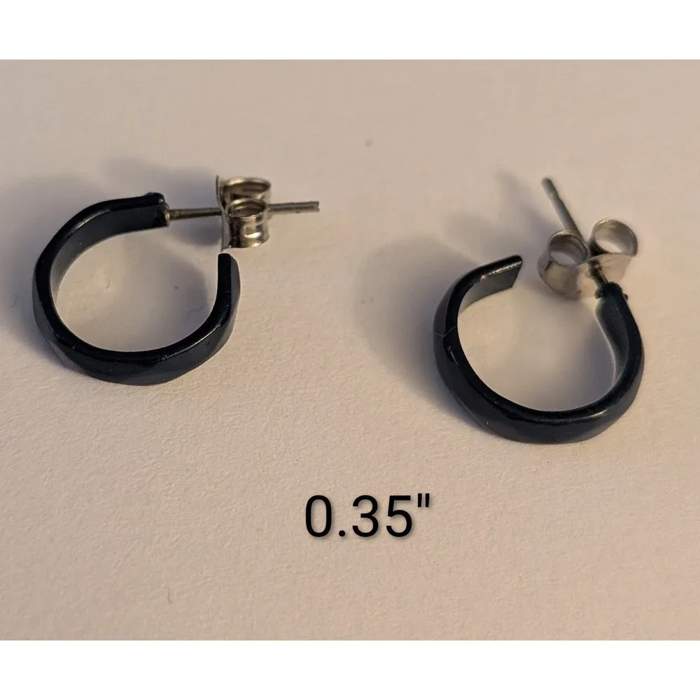 Small Black Enamel Open Hoop Earrings Minimalist Dainty Studs 0.35 Inch